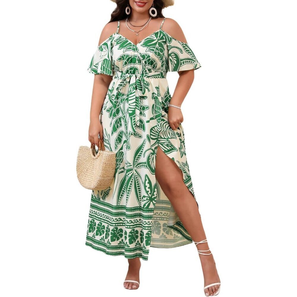Women's Plus Size Floral Cold Shoulder Maxi Dress Short Sleeve Vacation